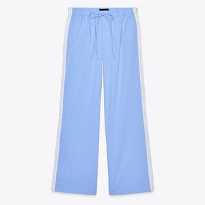 ZARA COTTON POPLIN EMBROIDERED STRIPE WIDE LEG DRAWSTRING PANTS Blue White M